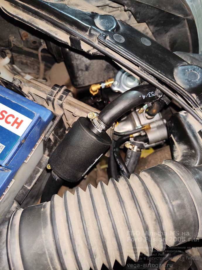 компоненты Альфа М/S, установка на Форд Фусион 2008 г.в., 1.6 л, 100 л.с., с пробегом 194 042 км., ВЗУ в заднем бампере, с левой стороны, тороидальный баллон 42 литра в багажнике, в нише для запасного колеса, Нижний Новгород, Дзержинск