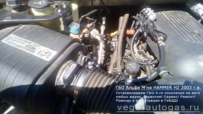 подкапотное пространство установка ГБО Alpha М на Хаммер Х2 V8 2003 г.в., АКПП., 6.0 л., 315 л.с., ВЗУ в заднем бампере, и 80-литрового цилиндрического баллона сзади, под кузовом, Нижний Новгород, Дзержинск