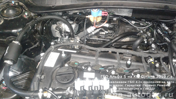 подкапотная компоновка, установка ГБО Альфа S на Киа Оптима 2019 г.в., пробег 880 км., 2.0 л., 150 л.с., АКПП., миниВЗУ в лючке бензобака, 80-литровый цилиндрический баллон в багажнике, за задними сидениями, Нижний Новгород, Дзержинск