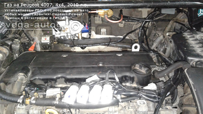подкапотное пространство Установка ГБО Alpha S на Peugeot 4007 2010 г.в., 2.4 л., 170 л.с., и 74-литрового тороидального баллона сзади под кузовом Нижний Новгород, Дзержинск