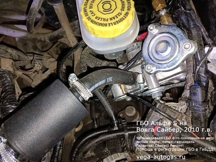 ГБО Альфа S в подкапотном пространстве, установка на Волга Сайбер 2010 г.в., 2.4 л., 143 л.с., пробег: 97 329 км., заправочное устройство в заднем бампере, слева, тороидальный баллон 54 литра в багажнике, в нише для запаски, Нижний Новгород, Дзержинск
